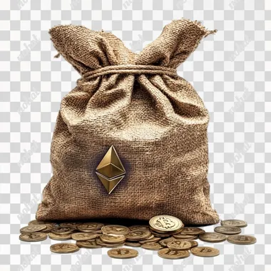 Bag of Ethereum, show coins, ancient money bag, realistic, white background, luxury, isolated