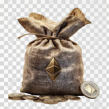 Bag of Ethereum, show coins, ancient money bag, realistic, white background, luxury, isolated