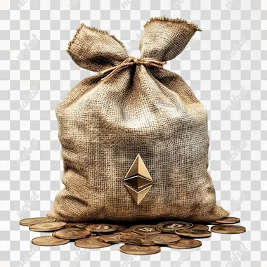 Bag of Ethereum, show coins, ancient money bag, realistic, white background, luxury, isolated
