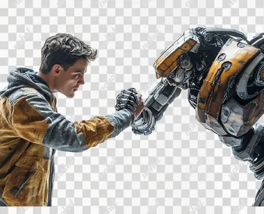 hyper-detailed fist bump between a man vs a robot, photorealistic, studio lighting, confident face, isolated on white background