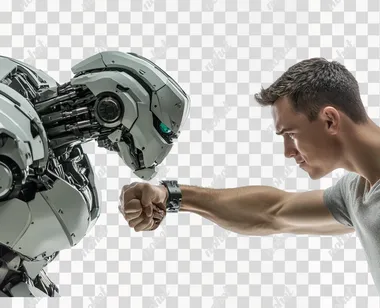 hyper-detailed fist bump between a man vs a robot, photorealistic, studio lighting, confident face, isolated on white background