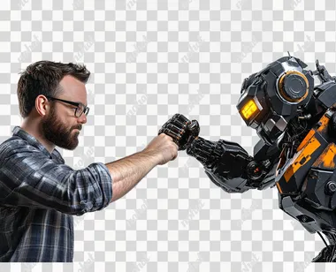 hyper-detailed fist bump between a man vs a robot, photorealistic, studio lighting, confident face, isolated on white background