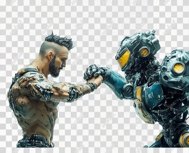 hyper-detailed fist bump between a man vs a robot, photorealistic, studio lighting, confident face, isolated on white background