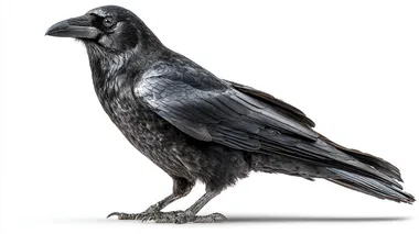 a realistic black crow standing on the ground, side profile, detailed feathers and beak, isolated on white background, natural lighting, high detail