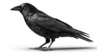 a realistic black crow standing on the ground, side profile, detailed feathers and beak, isolated on white background, natural lighting, high detail