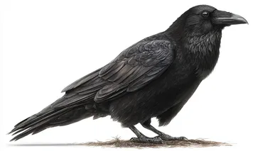 a realistic black crow standing on the ground, side profile, detailed feathers and beak, isolated on white background, natural lighting, high detail