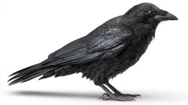 a realistic black crow standing on the ground, side profile, detailed feathers and beak, isolated on white background, natural lighting, high detail