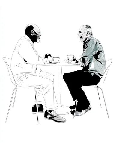 Side view of two old man sitting at a sleek white table, sharing a discussion over coffee, their expressions animated, with crisp black outlines and soft white tones enhancing the simplicity of the scene.   4drdwef