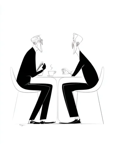 Side view of two old man sitting at a sleek white table, sharing a discussion over coffee, their expressions animated, with crisp black outlines and soft white tones enhancing the simplicity of the scene.   4drdwef