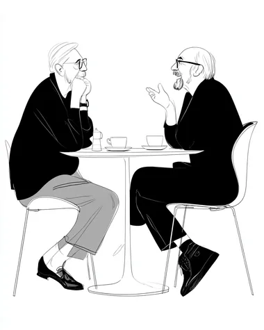 Side view of two old man sitting at a sleek white table, sharing a discussion over coffee, their expressions animated, with crisp black outlines and soft white tones enhancing the simplicity of the scene.   4drdwef
