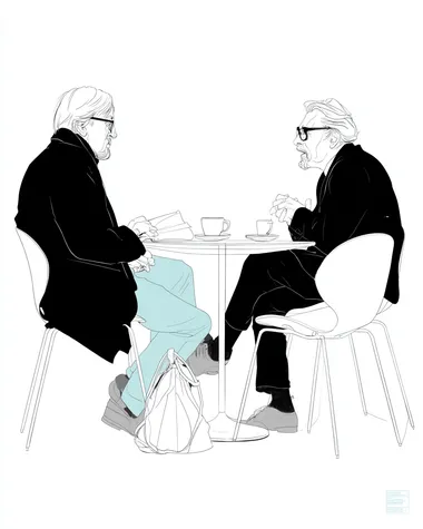 Side view of two old man sitting at a sleek white table, sharing a discussion over coffee, their expressions animated, with crisp black outlines and soft white tones enhancing the simplicity of the scene.   4drdwef