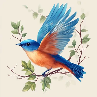 Create a realistic illustration of a bluebird in flight. The bird should have vibrant blue feathers on its head and wings, and a rich orange color on its chest. Include delicate green leaves intertwined with the bird's feet as it holds onto a branch. The background should be clean and minimalistic to emphasize the bird's colors.