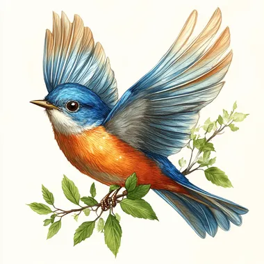 Create a realistic illustration of a bluebird in flight. The bird should have vibrant blue feathers on its head and wings, and a rich orange color on its chest. Include delicate green leaves intertwined with the bird's feet as it holds onto a branch. The background should be clean and minimalistic to emphasize the bird's colors.