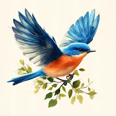 Create a realistic illustration of a bluebird in flight. The bird should have vibrant blue feathers on its head and wings, and a rich orange color on its chest. Include delicate green leaves intertwined with the bird's feet as it holds onto a branch. The background should be clean and minimalistic to emphasize the bird's colors.