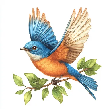 Create a realistic illustration of a bluebird in flight. The bird should have vibrant blue feathers on its head and wings, and a rich orange color on its chest. Include delicate green leaves intertwined with the bird's feet as it holds onto a branch. The background should be clean and minimalistic to emphasize the bird's colors.