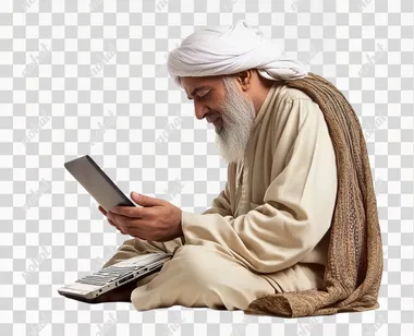 Arab man using phone or laptop wearing traditional isolated on white.