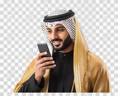 Arab man using phone or laptop wearing traditional isolated on white.