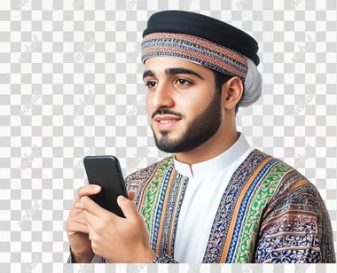 Arab man using phone or laptop wearing traditional isolated on white.