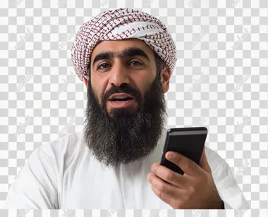 Arab man using phone or laptop wearing traditional isolated on white.