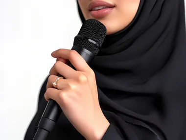 Presenting artistic and singing shows and entertainment segments, an Omani woman giving speeches, the concept of art and its positive impact on women, starting vocal training, a close-up portrait of a young Saudi Arabian Gulf woman wearing an abaya holding a microphone in her hand with gestures of integration into singing, white background