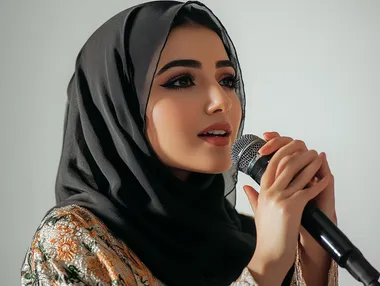 Presenting artistic and singing shows and entertainment segments, an Omani woman giving speeches, the concept of art and its positive impact on women, starting vocal training, a close-up portrait of a young Saudi Arabian Gulf woman wearing an abaya holding a microphone in her hand with gestures of integration into singing, white background