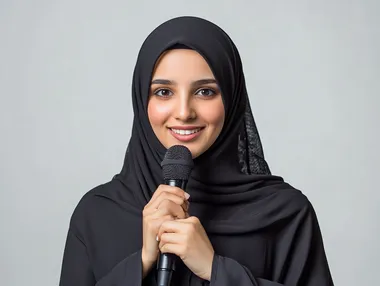 Presenting artistic and singing shows and entertainment segments, an Omani woman giving speeches, the concept of art and its positive impact on women, starting vocal training, a close-up portrait of a young Saudi Arabian Gulf woman wearing an abaya holding a microphone in her hand with gestures of integration into singing, white background
